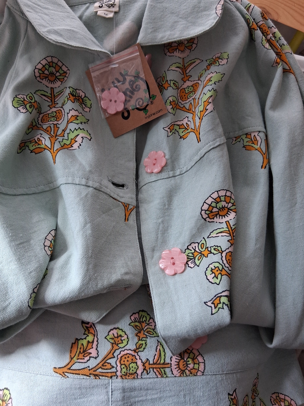 ivy jane Set. Light Blue Floral Embroidered Jacket with Pink Flower Buttons.